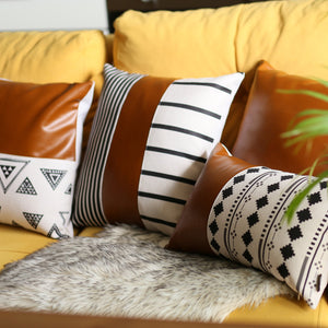 Bohemian Handmade Decorative Single Throw Pillow Vegan Faux Leather Geometric For Couch, Bedding