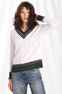 Cttn Cable V With Striped Trims Sweater