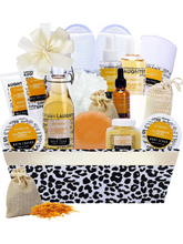 Load image into Gallery viewer, Above And Beyond Spa Gift Basket For Women And Men! Mango Melon &amp; Sweet Orange Essential Oils Spa Bath Set