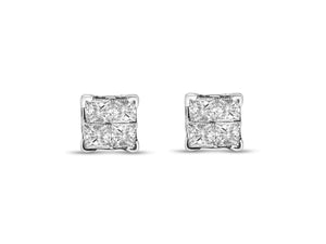.925 Sterling Silver 1/2 Cttw Invisible Set Princess Diamond Composite Quad Stud Earrings