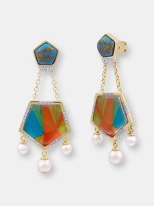 Wild & Free Diamond Mosaic Turquoise Earrings with Pearls in 14K Yellow Gold Plated Sterling Silver