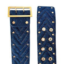 Load image into Gallery viewer, Eco-Conscious Belt In Studded Blue Denim And Gold