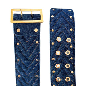 Eco-Conscious Belt In Studded Blue Denim And Gold