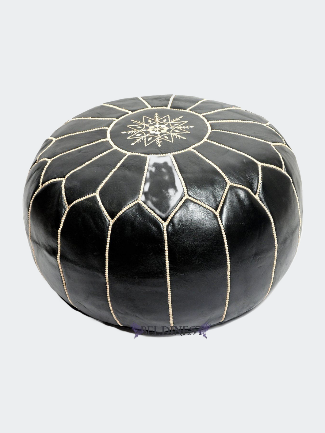 Embroidered Leather Pouf - Black With White Stitching