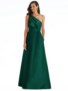 Draped One-Shoulder Satin Maxi Dress With Pockets - D815
