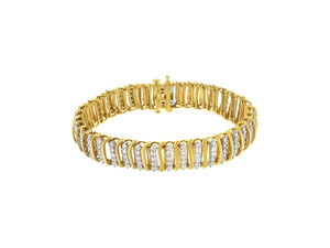 10K Yellow Gold Over .925 Sterling Silver 5.0 Cttw Diamond S Shaped Wave Link Two Tone 7” Tennis Bracelet