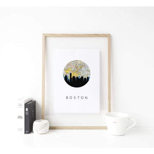 Boston, Massachusetts City Skyline With Vintage Boston Map