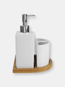 Serene Scandinavian 4 Piece Ceramic Bath Accessory Set with Bamboo Tray, White