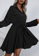 Load image into Gallery viewer, Button Collared Lantern Sleeve Ruffle Dress