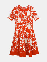 Load image into Gallery viewer, Oscar De La Renta Women&#39;s Orange / White Short Sleeve Floral Damask Fit-and-Flare Dress - S