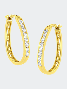 10K Yellow Gold 1.0 Cttw Round and Baguette-Cut Diamond Hoop Earrings