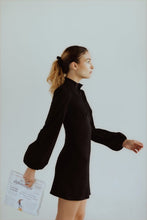 Load image into Gallery viewer, Jane High Neck Empire Mini Dress with Hook and Eye Detail and Blouson Sleeves