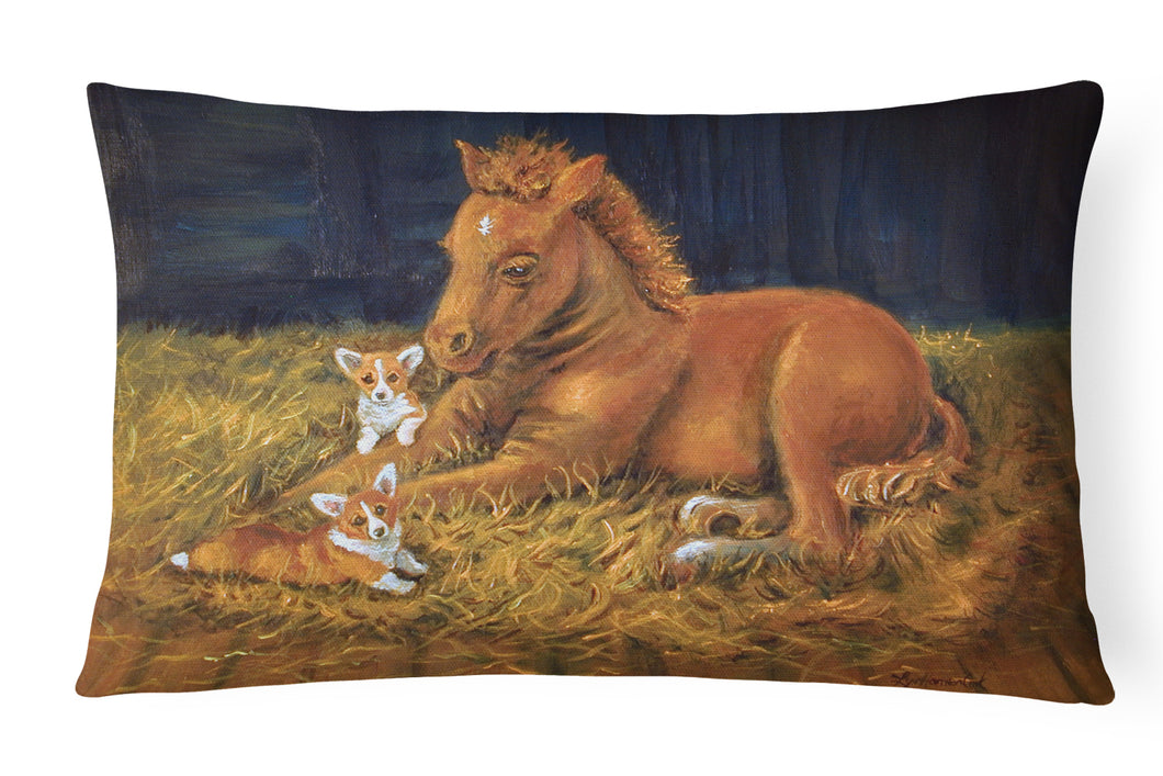 12 in x 16 in  Outdoor Throw Pillow Corgi Sunrise with Colt  Canvas Fabric Decorative Pillow