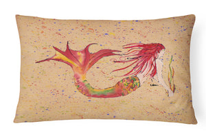 12 in x 16 in  Outdoor Throw Pillow Red Headed Ginger Mermaid on Coral Canvas Fabric Decorative Pillow