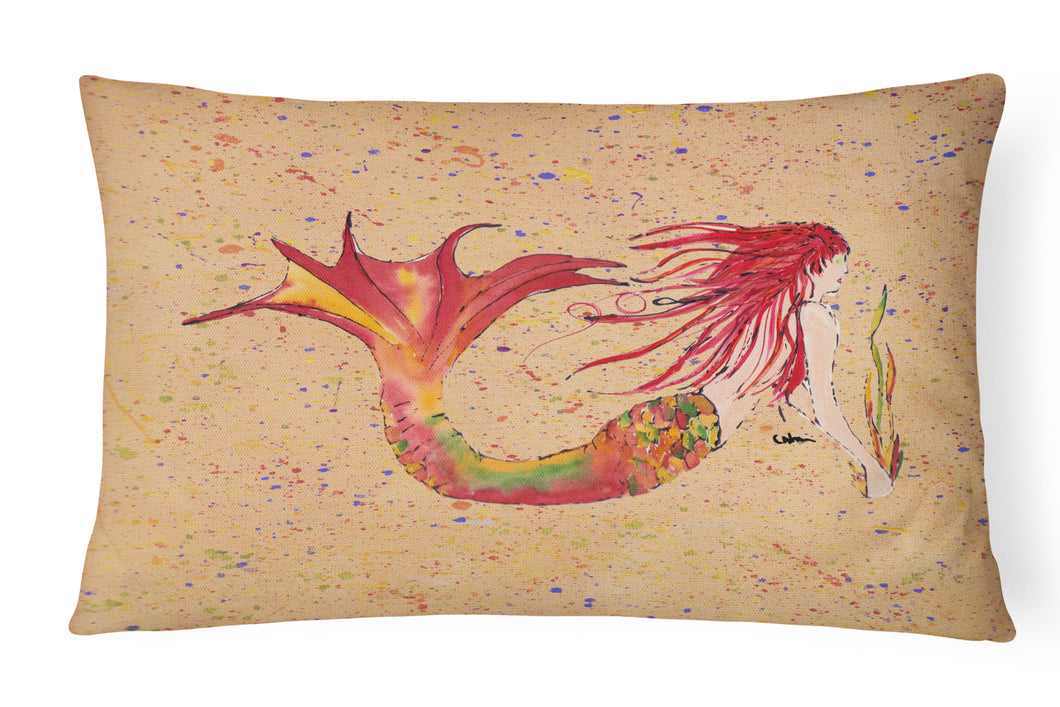 12 in x 16 in  Outdoor Throw Pillow Red Headed Ginger Mermaid on Coral Canvas Fabric Decorative Pillow