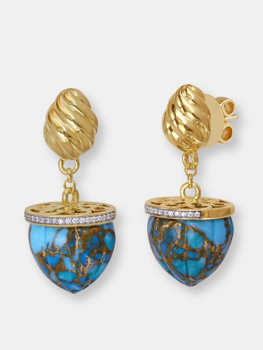 Glory Of the Sun Turquoise And Diamond Drop Earrings In 14K Yellow Gold Plated Sterling Silver
