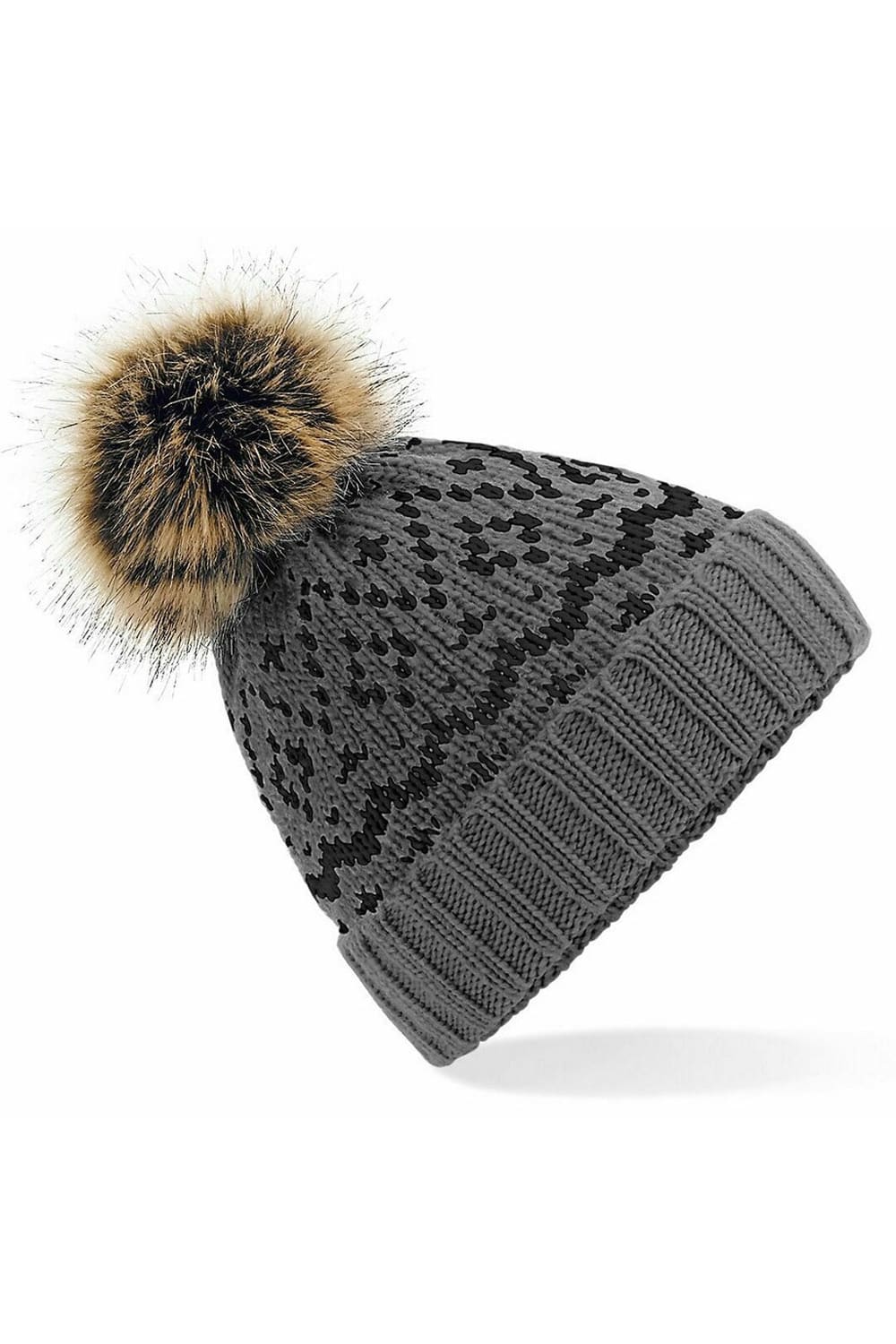 Beechfield Womens/Ladies Fair Isle Faux Fur Pop Pom Beanie (Smoke Gray/Black)