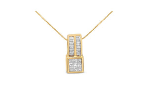 14K Yellow Gold 1 1/4 cttw Princess and Baguette Cut Geometric Inspired Diamond Pendant Necklace