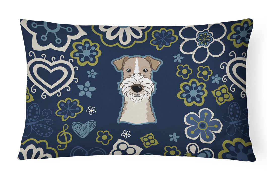 12 in x 16 in  Outdoor Throw Pillow Blue Flowers Wire Haired Fox Terrier Canvas Fabric Decorative Pillow