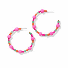 Load image into Gallery viewer, Hot Pink And Green Glass Bead Hoop Post Earrings