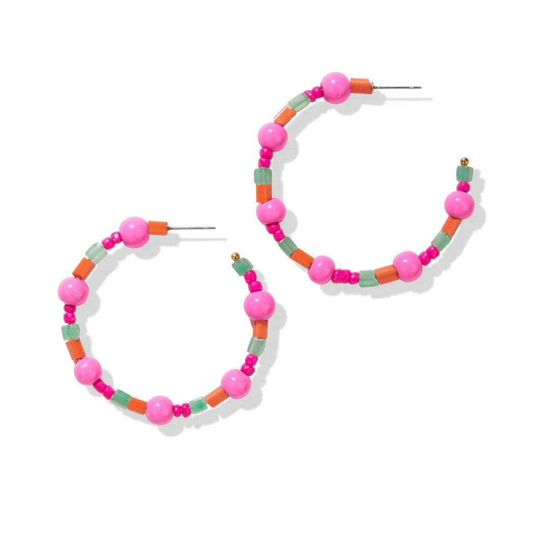 Hot Pink And Green Glass Bead Hoop Post Earrings