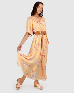 Amour Amour Ruffled Midi Dress - Peach Peonies