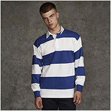 Load image into Gallery viewer, Front Row Sewn Stripe Long Sleeve Sports Rugby Polo Shirt (White &amp; Royal (White collar))