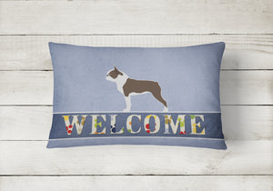 12 in x 16 in  Outdoor Throw Pillow Boston Terrier Welcome Canvas Fabric Decorative Pillow