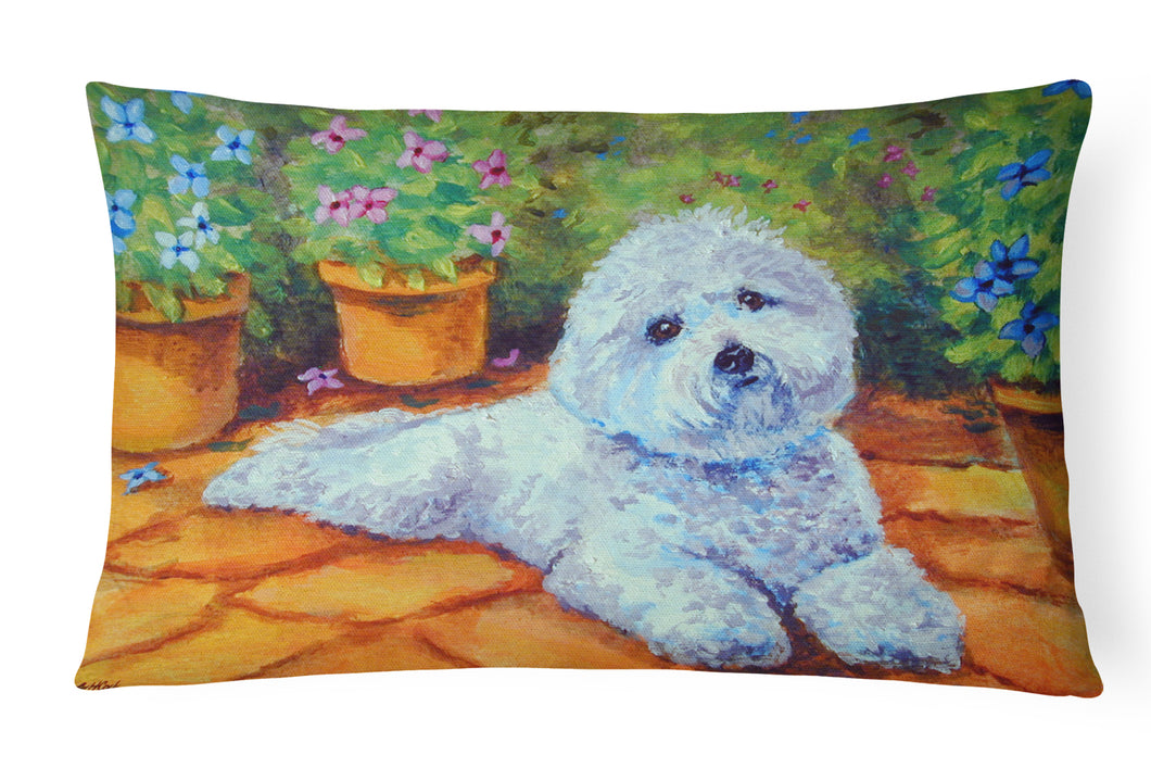 12 in x 16 in  Outdoor Throw Pillow Bichon Frise on the patio Canvas Fabric Decorative Pillow