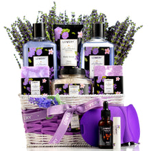 Load image into Gallery viewer, Lavender &amp; Lilac Spa Gift Basket with Sleep Mask - Bath and Body Self Care Package for Men and Women