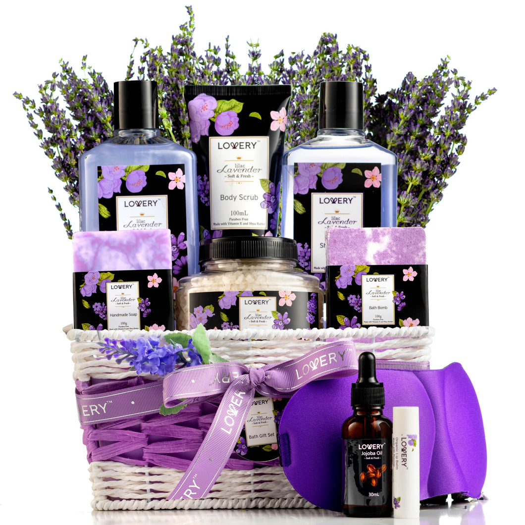 Lavender & Lilac Spa Gift Basket with Sleep Mask - Bath and Body Self Care Package for Men and Women