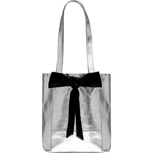 Silver Small Metallic Bow Front Leather Tote