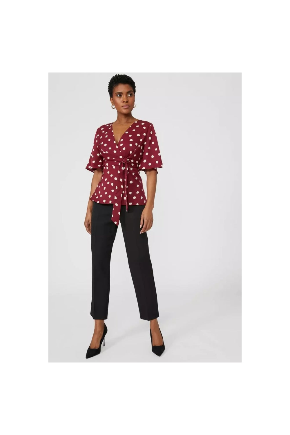 Womens/Ladies Spotted Front Tie Blouse - Burgundy