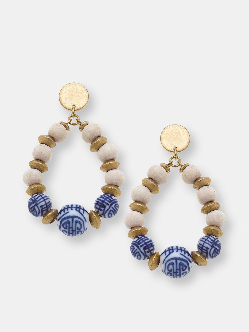 Tansy Blue & White Chinoiserie & Painted Wood Teardrop Earrings in Ivory