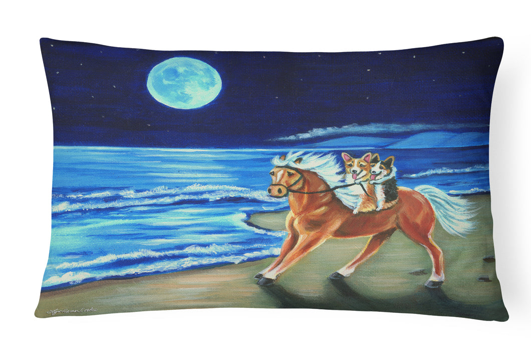 12 in x 16 in  Outdoor Throw Pillow Corgi Beach Ride on Horse Canvas Fabric Decorative Pillow