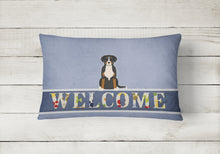 Load image into Gallery viewer, 12 in x 16 in  Outdoor Throw Pillow Greater Swiss Mountain Dog Welcome Canvas Fabric Decorative Pillow
