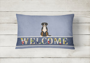 12 in x 16 in  Outdoor Throw Pillow Greater Swiss Mountain Dog Welcome Canvas Fabric Decorative Pillow