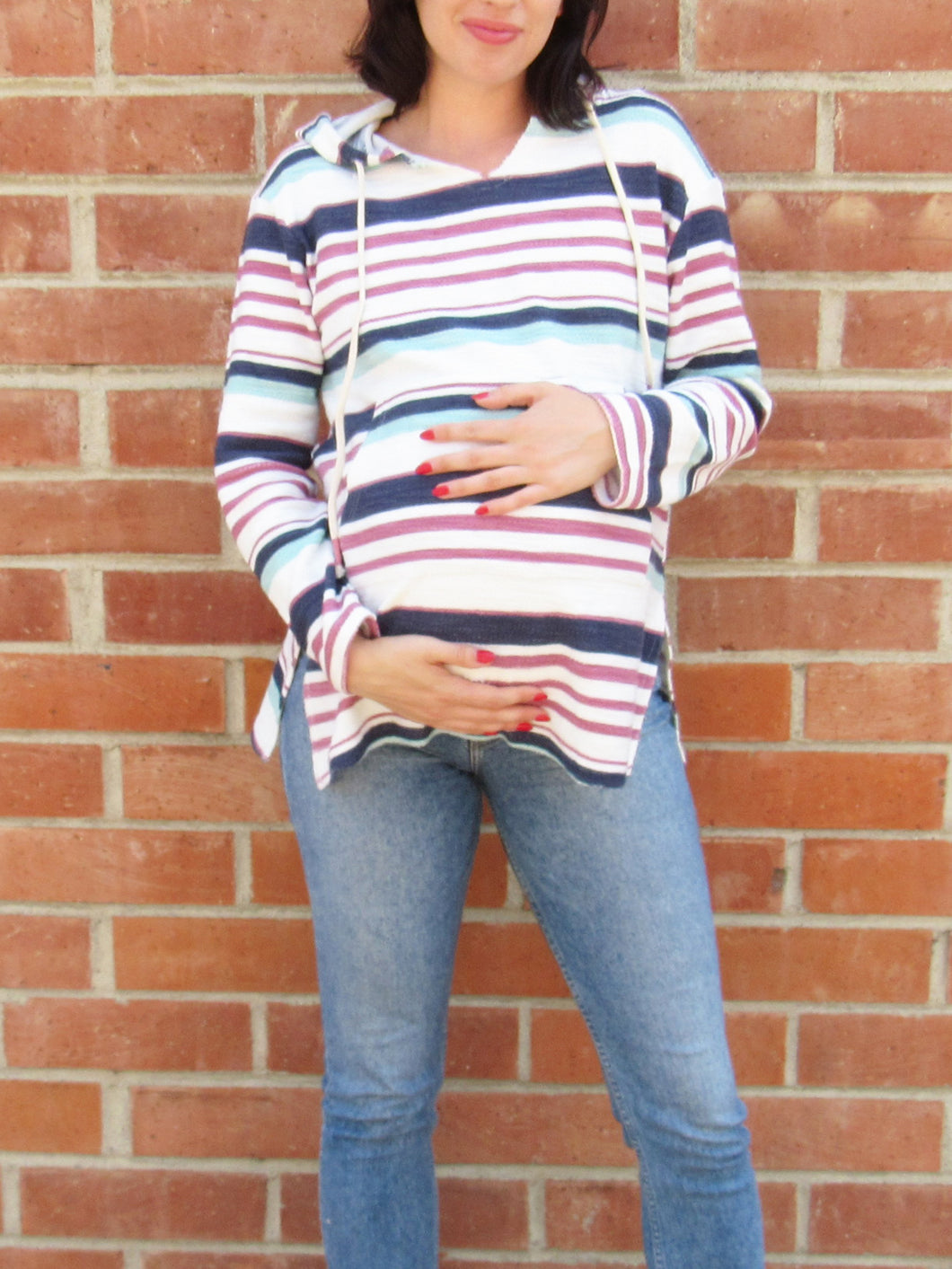 Stripe Pocket Front Maternity Hoodie