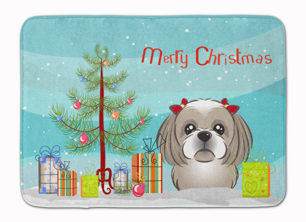 19 in x 27 in Christmas Tree and Gray Silver Shih Tzu Machine Washable Memory Foam Mat
