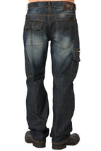 Load image into Gallery viewer, Men&#39;s Relaxed Premium Denim Jeans Distressed Dark Blue Wash Utility Cargo Pockets