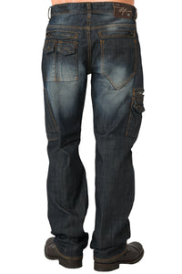 Men's Relaxed Premium Denim Jeans Distressed Dark Blue Wash Utility Cargo Pockets