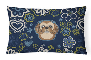12 in x 16 in  Outdoor Throw Pillow Blue Flowers Chocolate Brown Shih Tzu Canvas Fabric Decorative Pillow