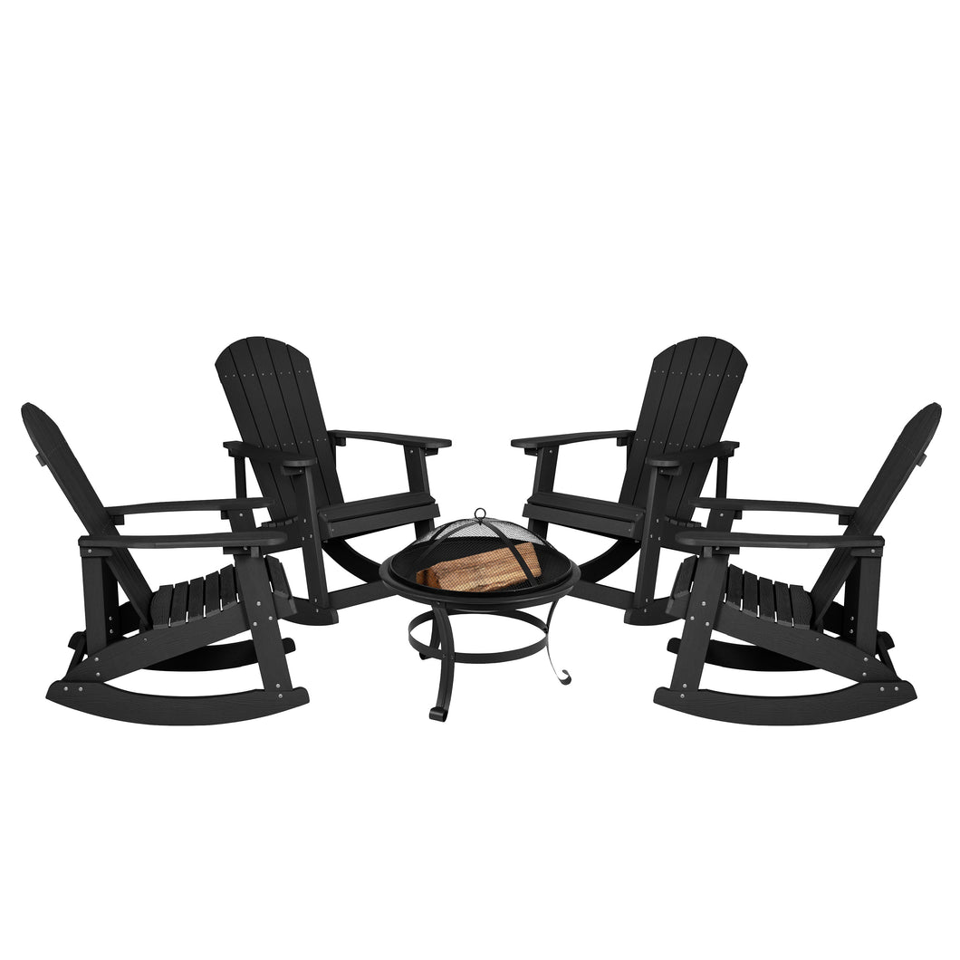 Atlantic 3 Piece Outdoor Set with 4 Black Classic Adirondack Rocking Chairs & Wood Burning Fire Pit with Poker/Spark Screen