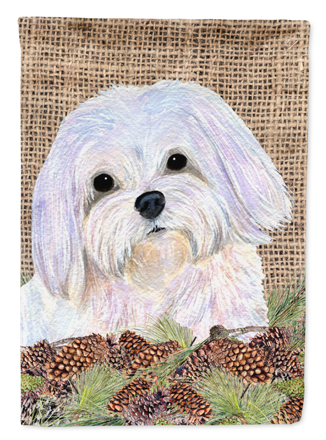 Maltese On Faux Burlap With Pine Cones Garden Flag 2-Sided 2-Ply