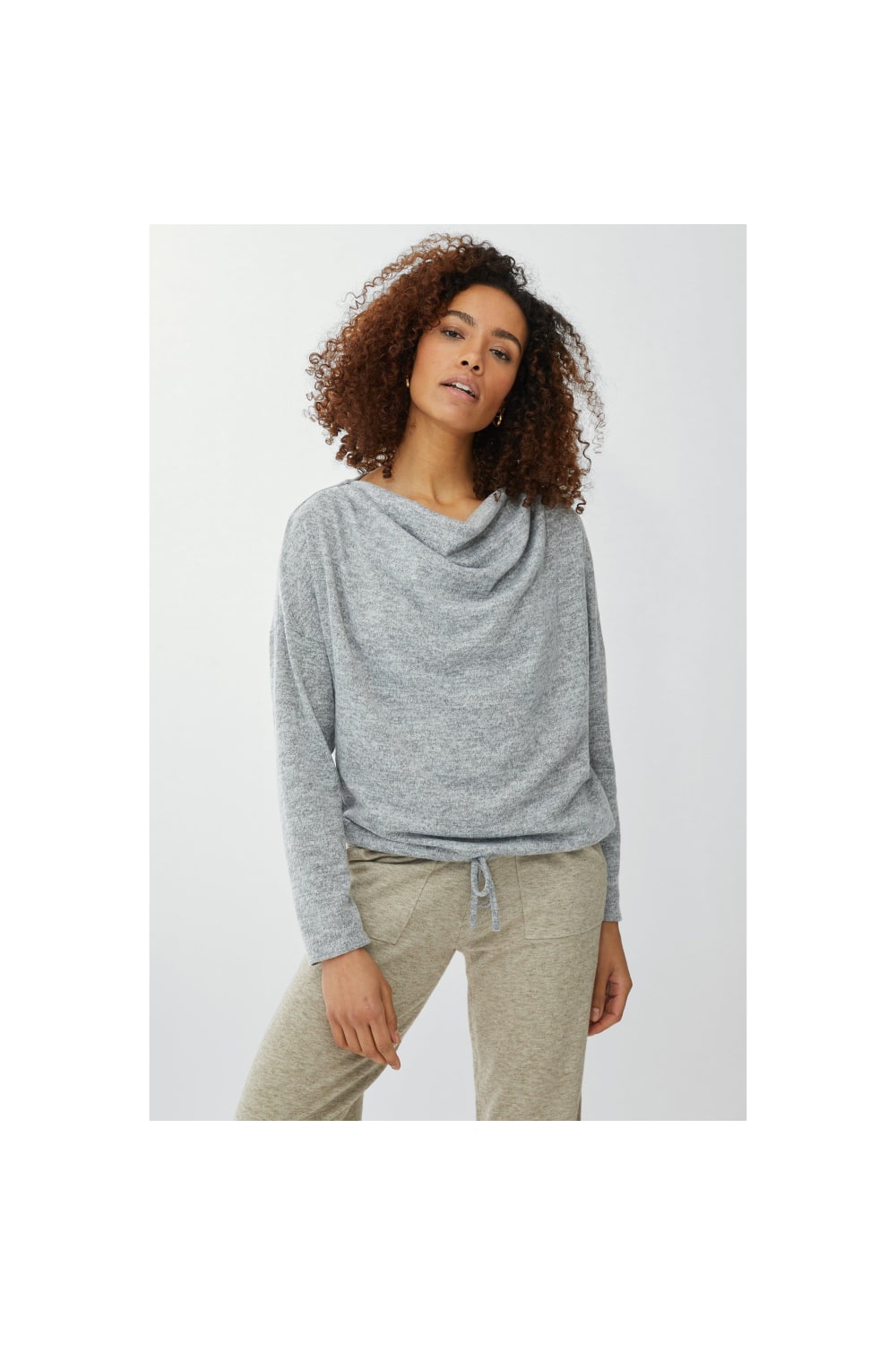 Womens/Ladies Jersey Knit Cowl Neck Long-Sleeved Top - Grey Marl