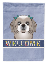 Load image into Gallery viewer, 11 x 15 1/2 in. Polyester Gray Silver Shih Tzu Welcome Garden Flag 2-Sided 2-Ply