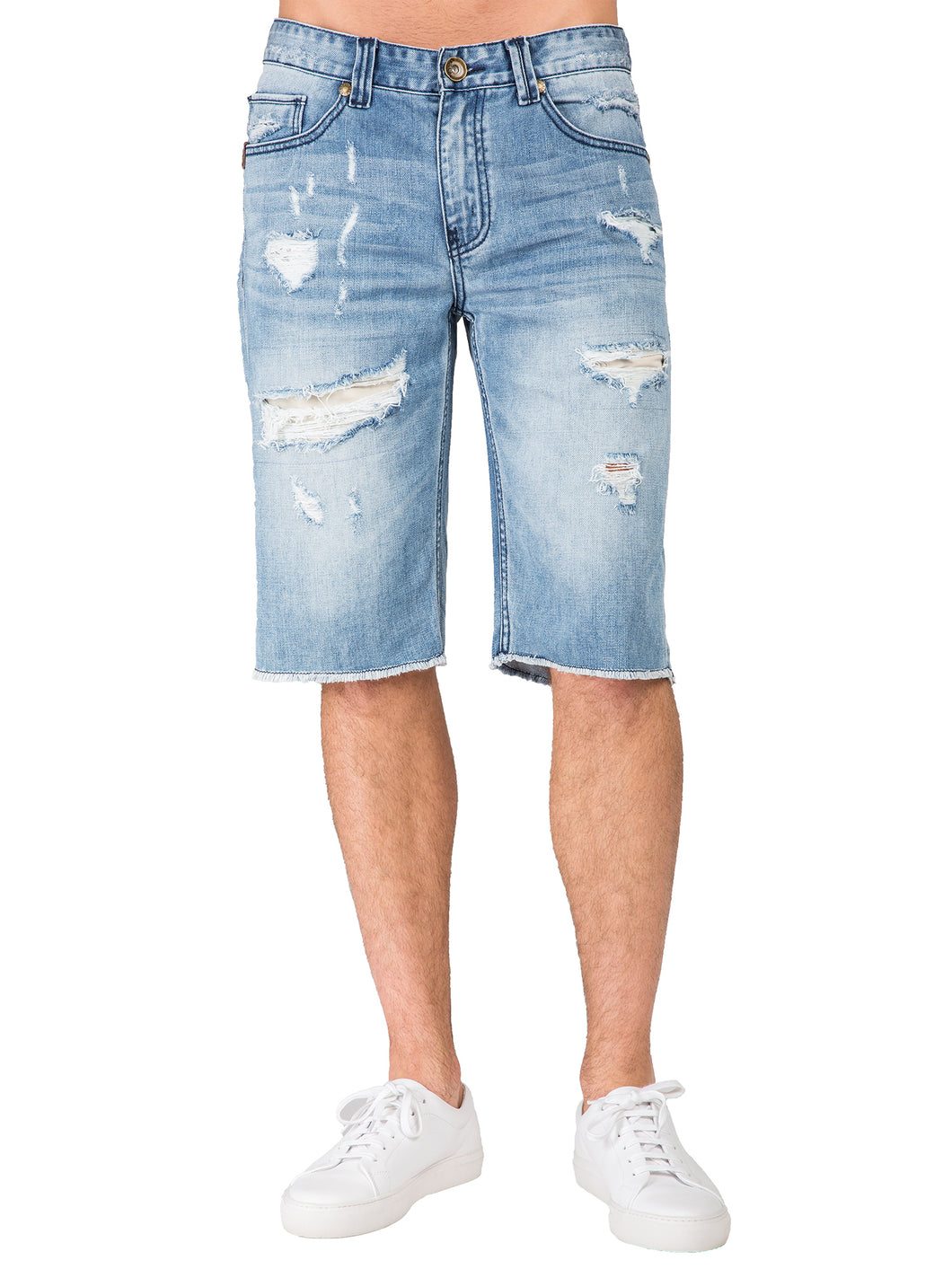 Men's Premium Denim Shorts Light Blue Distressed Mended Raw Edge 13