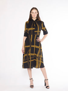 Twisted Mock Neck Chain-Print A-line Midi Dress