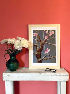 Art Print:  Tree with Pink Flowers on Dark Grey
