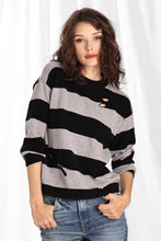 Load image into Gallery viewer, Cotton/Cashmere Striped Crew W/Cut-Outs Sweaters - Black/Ash Grey